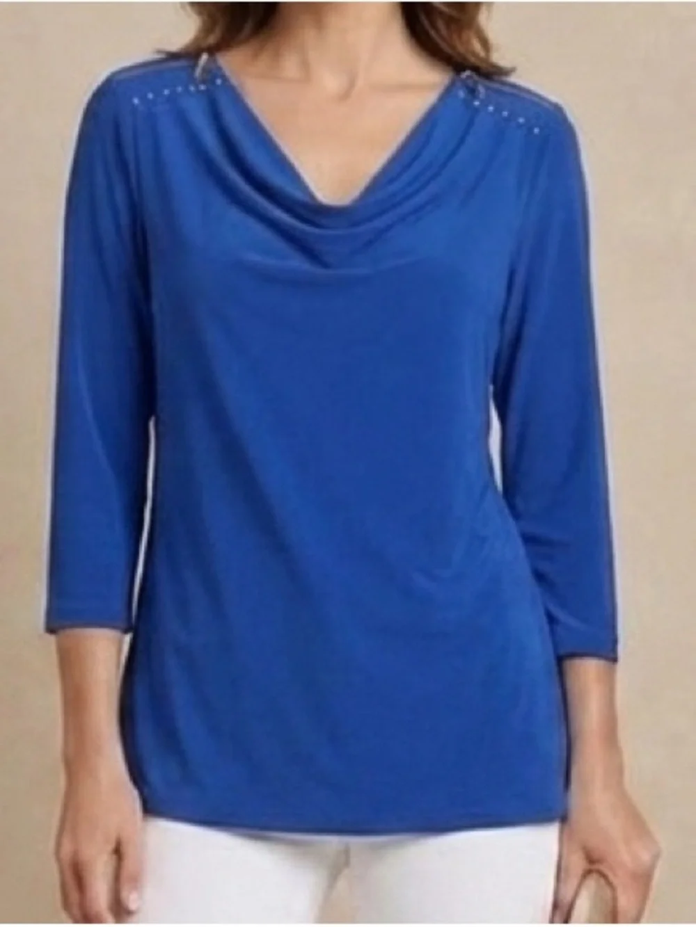 Carmen Marc Valvo Royal Blue Cowl Neck Top Gold Zipper Stud Shoulder Small - Picture 1 of 6
